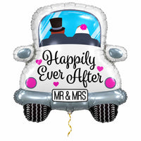 Happy Ever After Auto XL Ballon van 79 cm, gevuld met helium, met dun metallic gouden lint op witte achtergrond – Ballonnenshop.nl