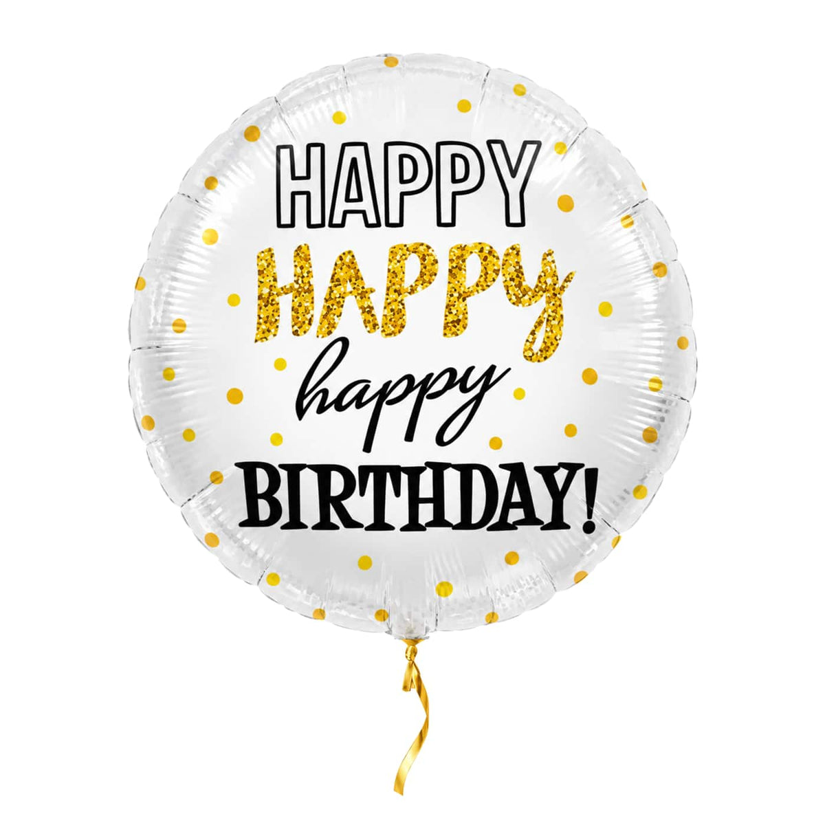 Happy Happy Happy Birthday Ballon – met helium gevuld, met gouden lint