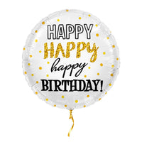 Happy Happy Happy Birthday Ballon – met helium gevuld, met gouden lint