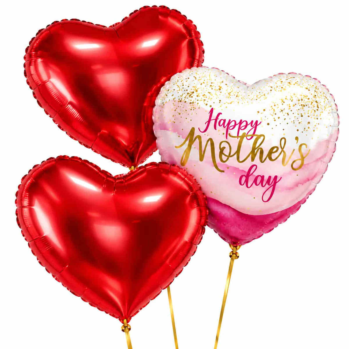 Mother's Day Pretty Pink Tros – heliumgevulde ballonnen met dunne gouden lintjes op een witte achtergrond