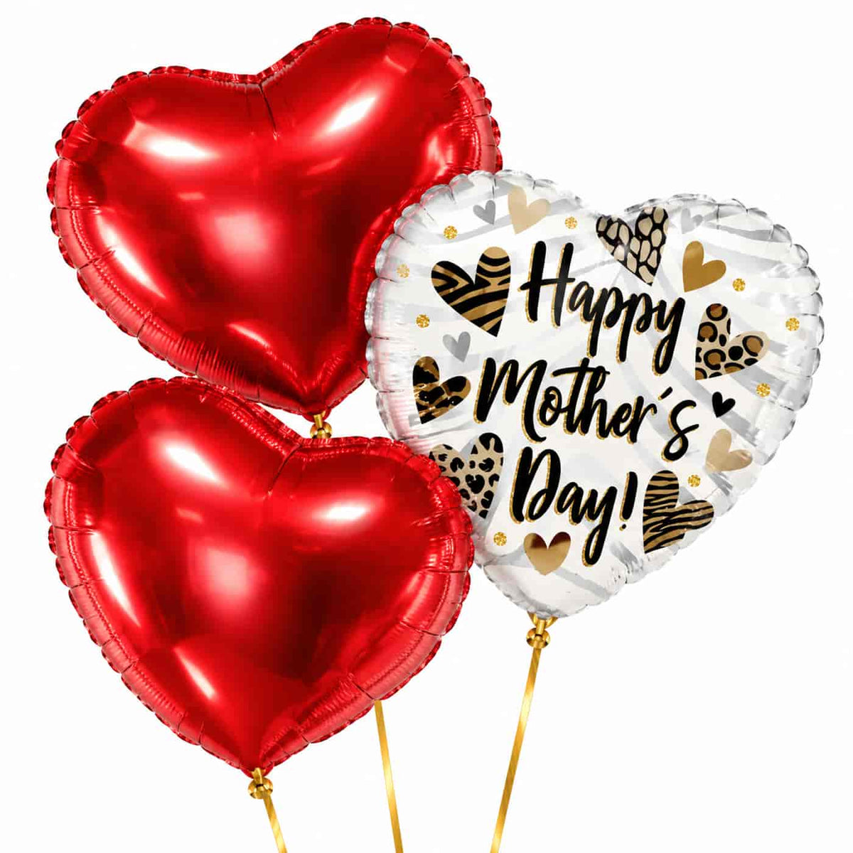 Happy Mother's Day Trosje – drie heliumgevulde ballonnen met dunne gouden lintjes op een witte achtergrond