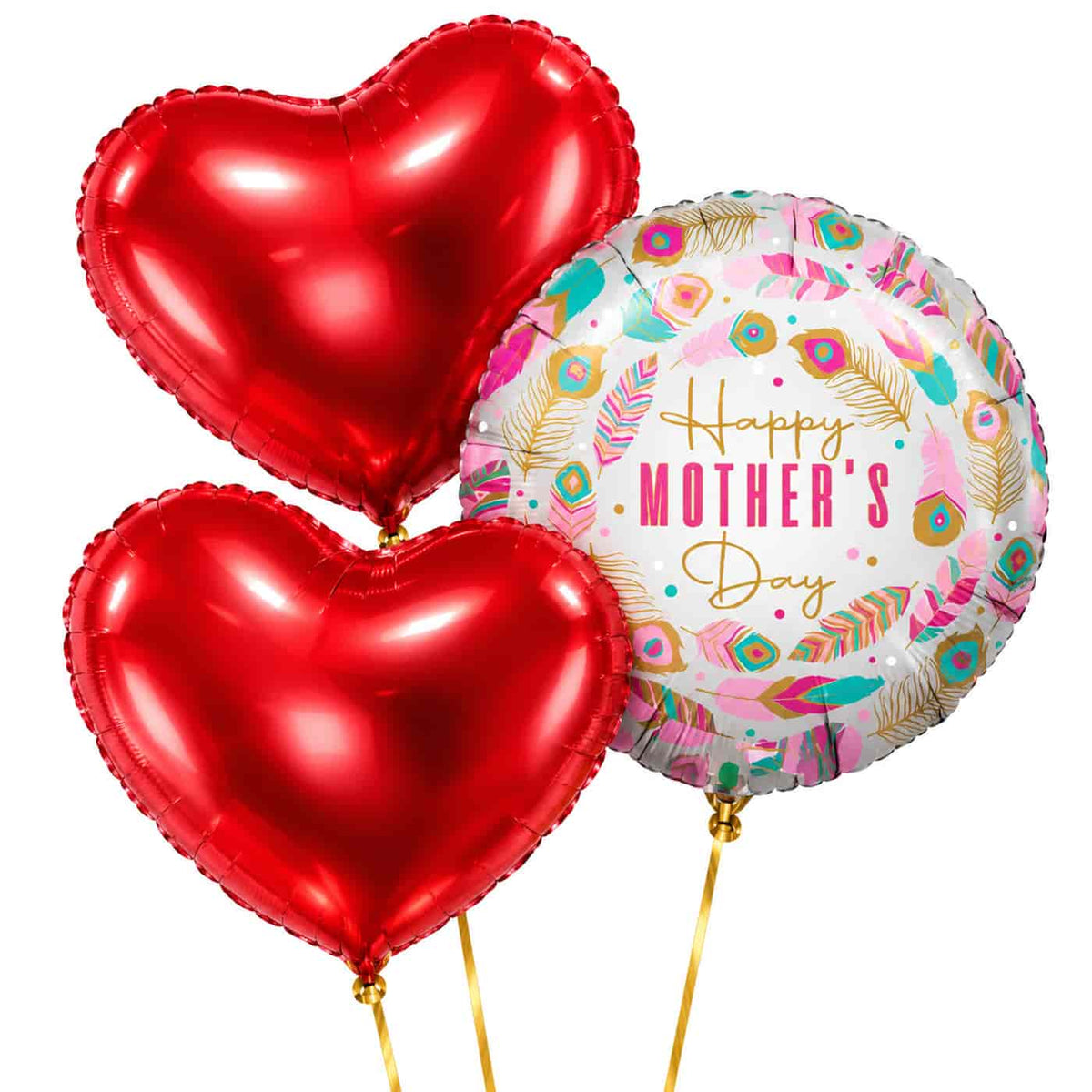 Happy Mother's Day Veren Trosje – heliumgevulde ballonnen met dunne gouden lintjes op een witte achtergrond