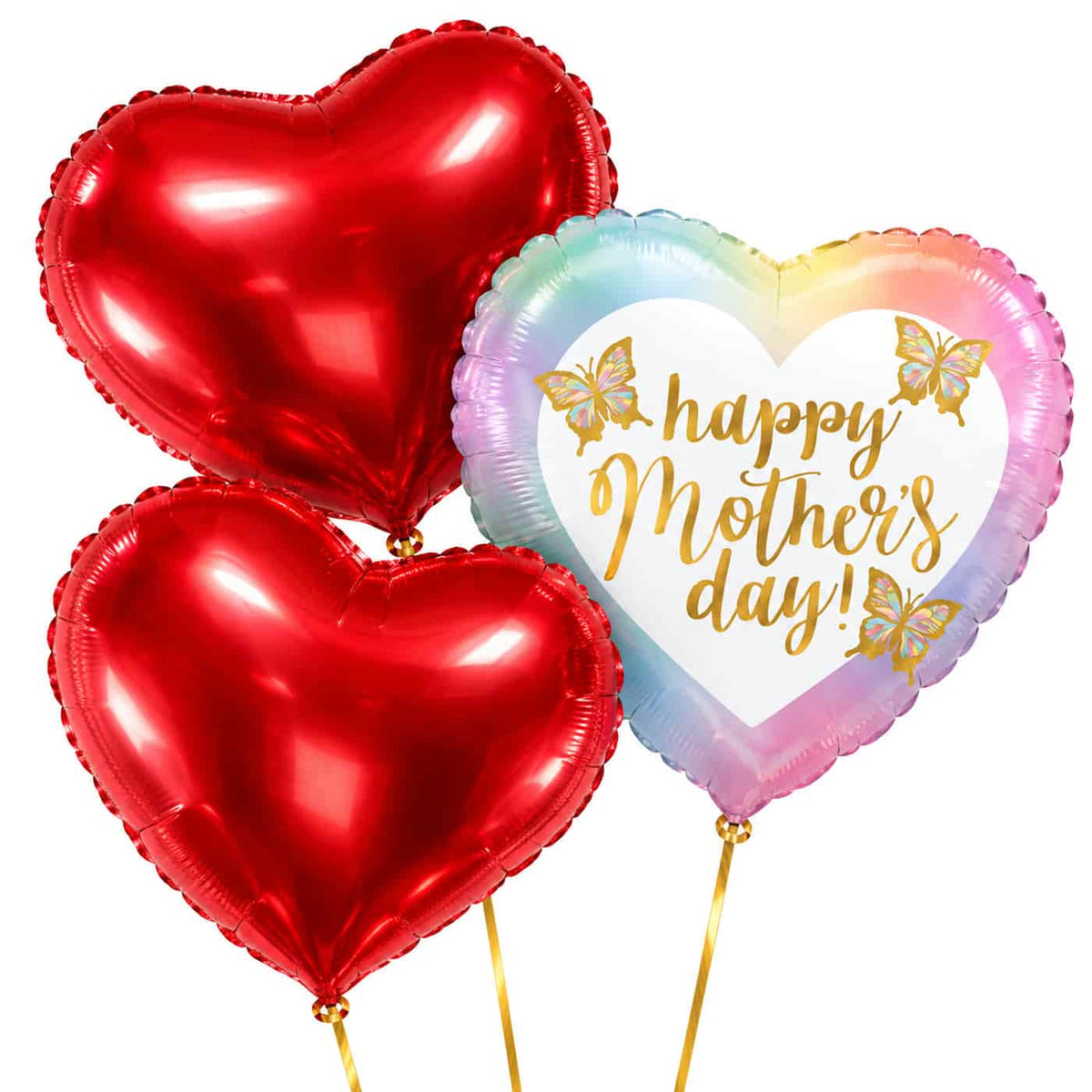Mother's Day Vlinders Tros – heliumgevulde ballonnen met dunne gouden lintjes op een witte achtergrond