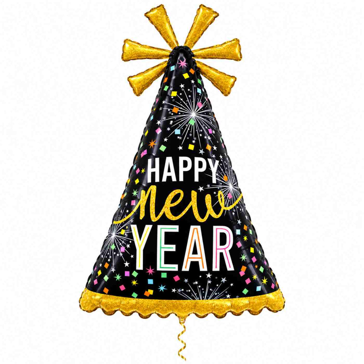 Happy New Year Feesthoed XL met dun metallic gouden lint op witte achtergrond – Ballonnenshop.nl