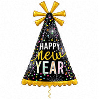 Happy New Year Feesthoed XL met dun metallic gouden lint op witte achtergrond – Ballonnenshop.nl