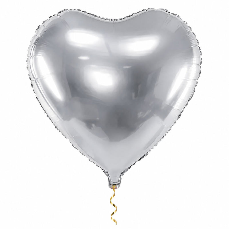 Hart Ballon Zilver – 61 cm met dun metallic gouden lint op witte achtergrond – Ballonnenshop.nl