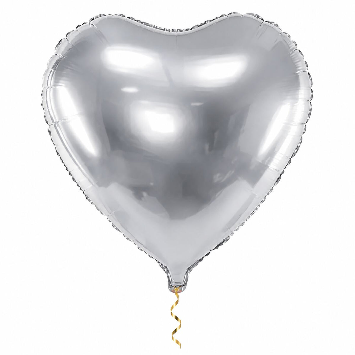 Hart Ballon Zilver – 61 cm met dun metallic gouden lint op witte achtergrond – Ballonnenshop.nl