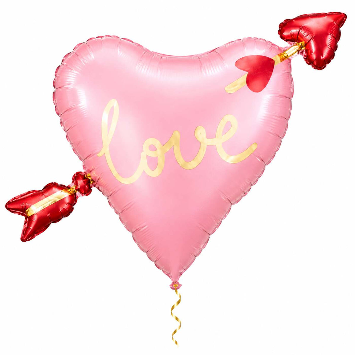 Hart Met Pijl Helium XL Ballon met dun metallic gouden lint op witte achtergrond – Ballonnenshop.nl