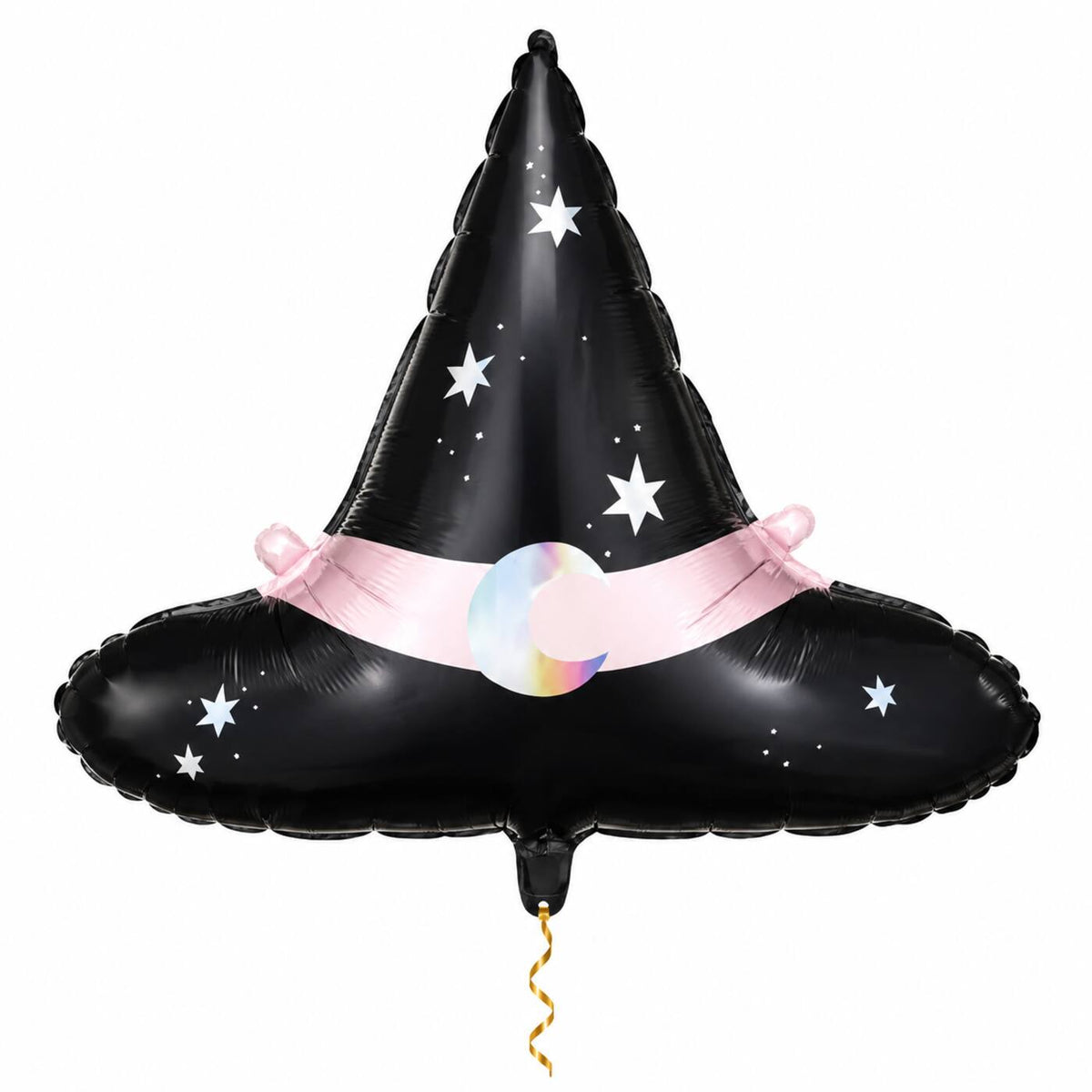 Heksenhoed Helium Ballon met dun metallic gouden lint op witte achtergrond – Ballonnenshop.nl