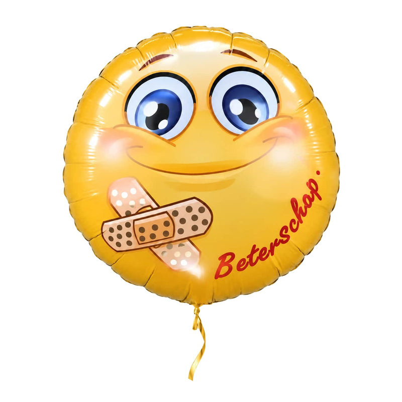 Smiley beterschap ballon van 45 cm – met helium gevuld, met gouden lint