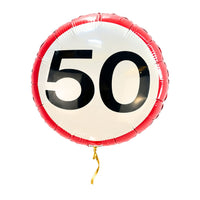 Ballon Verkeersbord 50 Jaar – met helium gevuld, met gouden lint