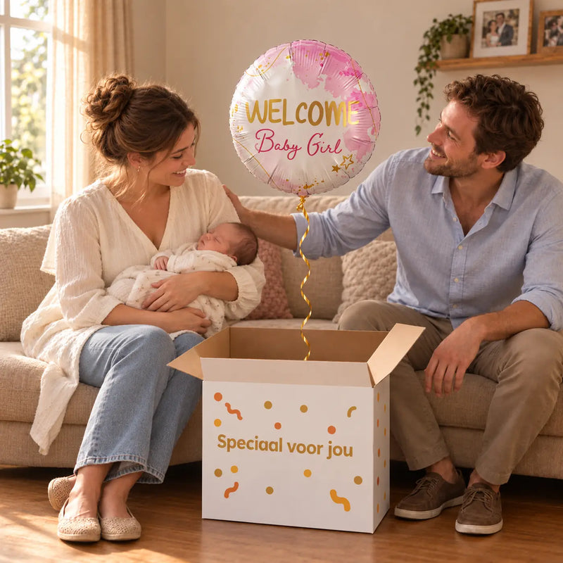 Uitpakmoment met Helium Ballon Welcome Baby Girl uit een cadeaudoos van Ballonnenshop.nl