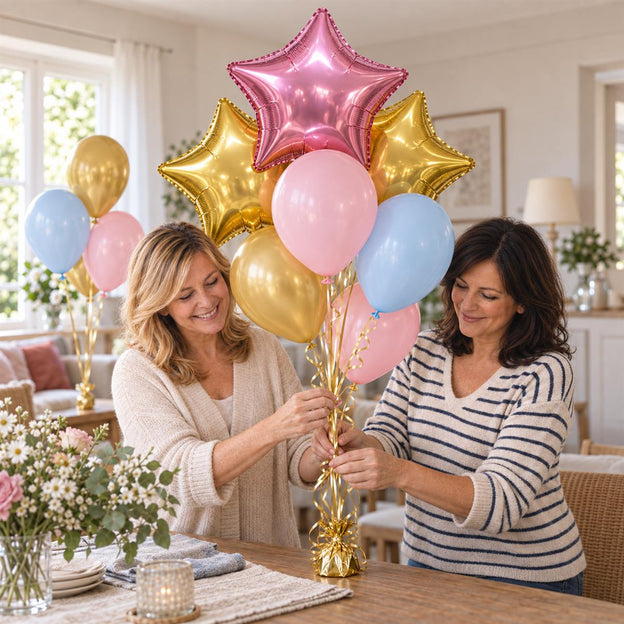 Twee vrouwen maken een feestelijke tros met sterballonnen en gekleurde latexballonnen.