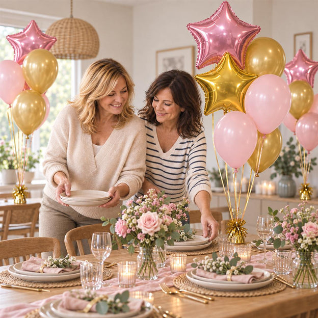 Twee vrouwen dekken een feestelijke tafel tussen roze en gouden ballonnentrossen.