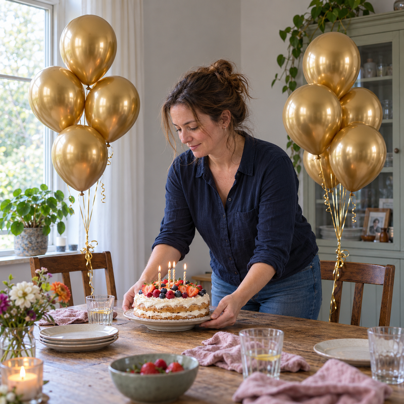 Sfeerbeeld van een verjaardagstafel met zelf gevulde chroomgouden latexballonnen; ballonnen apart verkrijgbaar