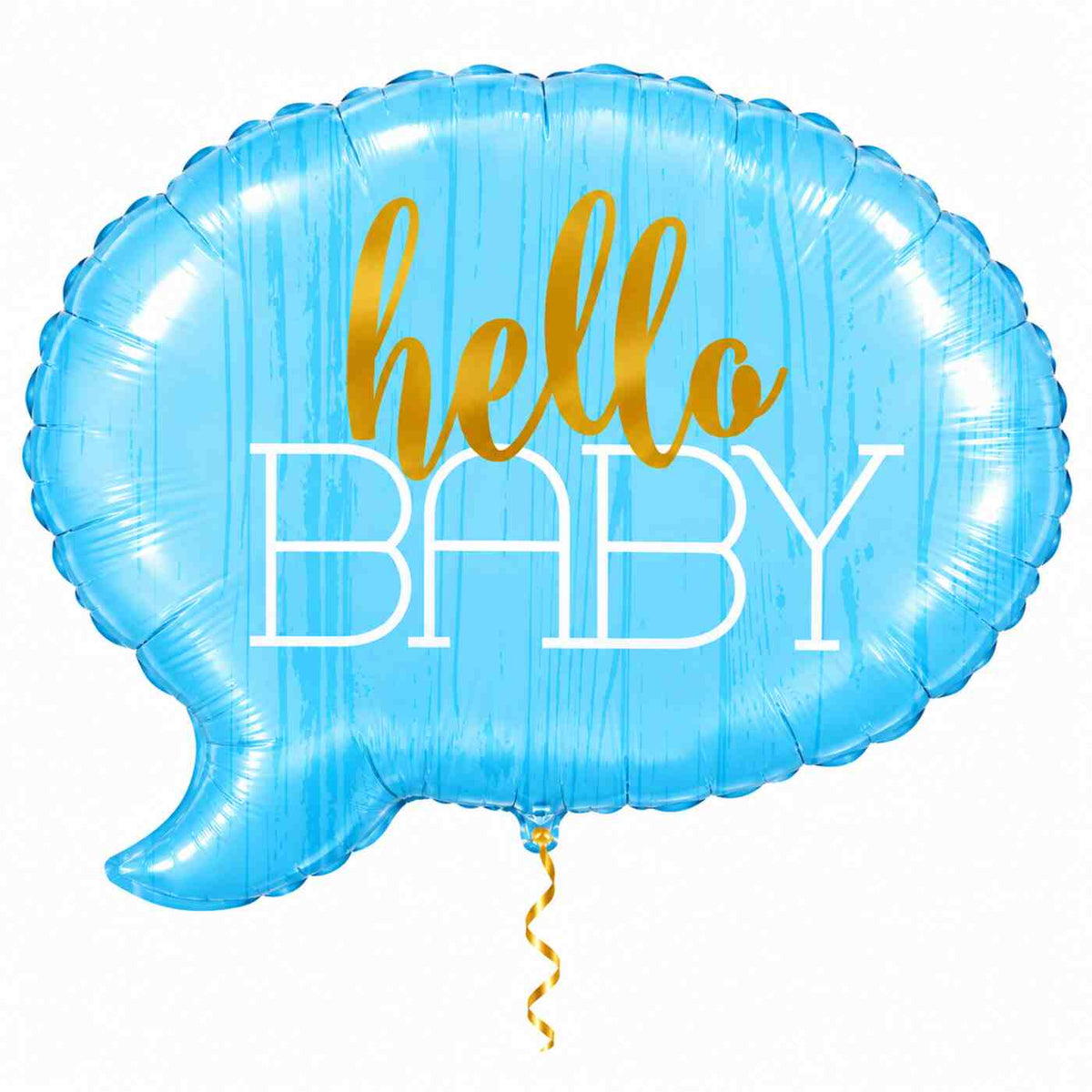 Hello Baby Blauw Helium Ballon met dun metallic gouden lint op witte achtergrond