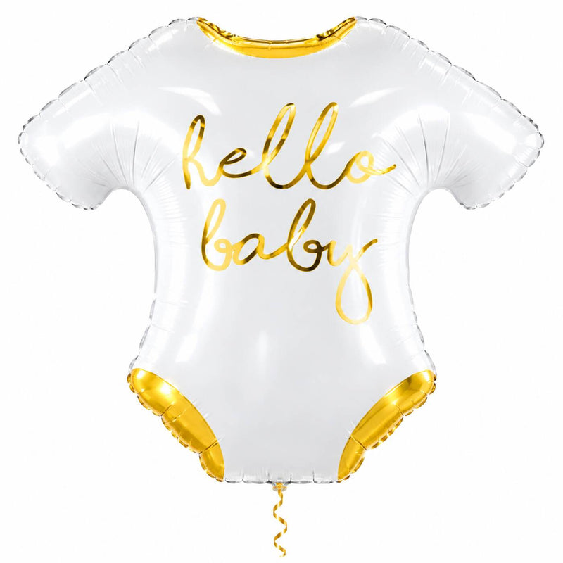 Hello Baby Helium Ballon met dun metallic-gouden lint op witte achtergrond – Ballonnenshop.nl