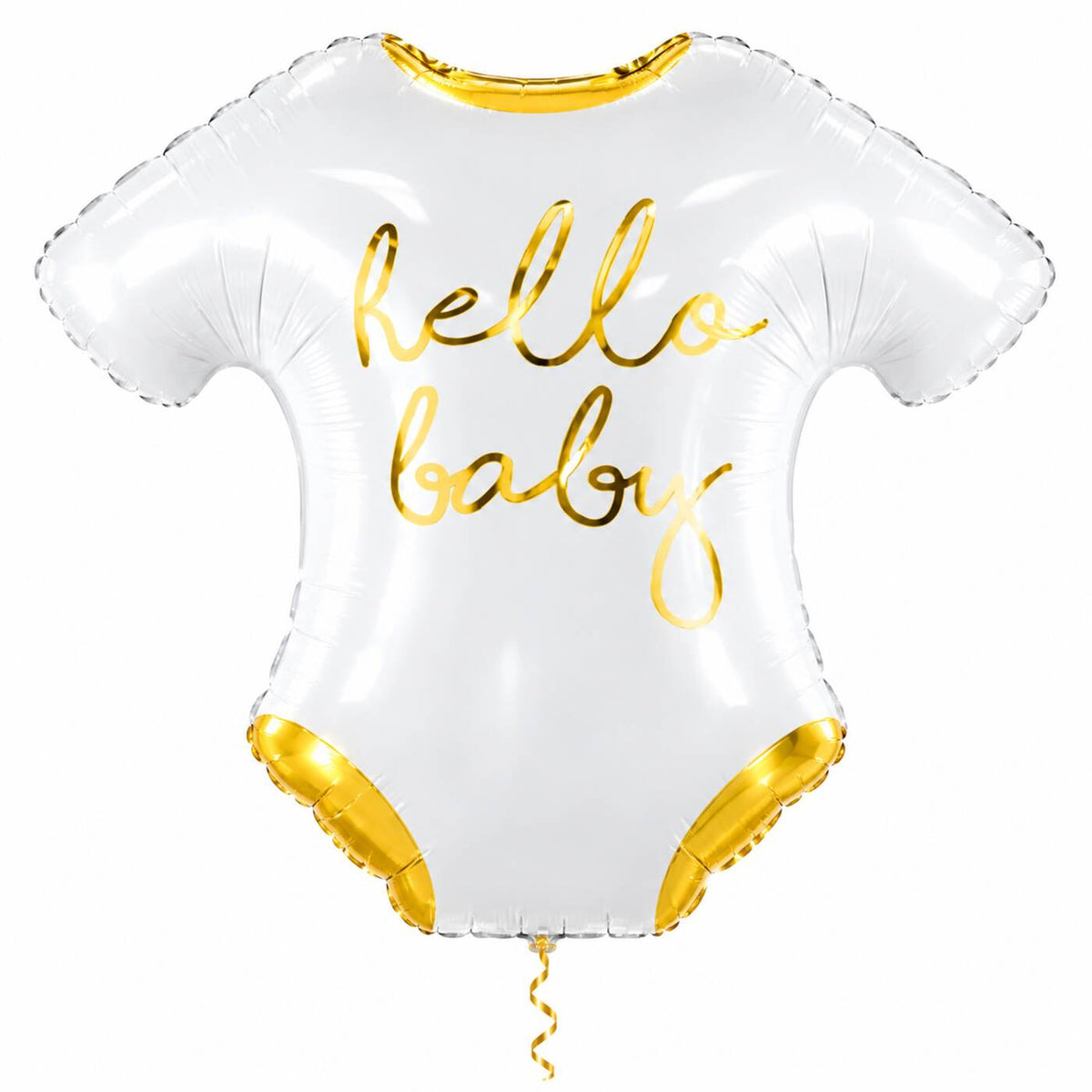 Hello Baby Helium Ballon met dun metallic-gouden lint op witte achtergrond – Ballonnenshop.nl