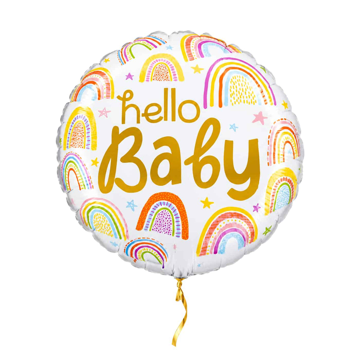 Hello Baby heliumballon met kleurrijke regenbogen en kort goudkleurig lint op een witte achtergrond