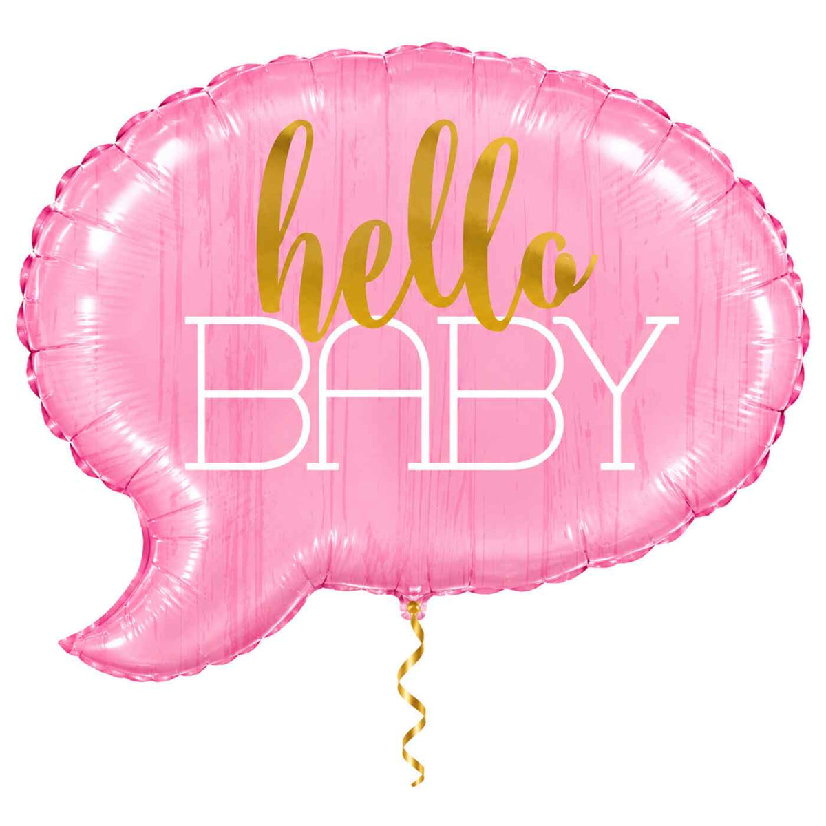 Hello Baby Roze Helium Ballon met dun metallic gouden lint op witte achtergrond