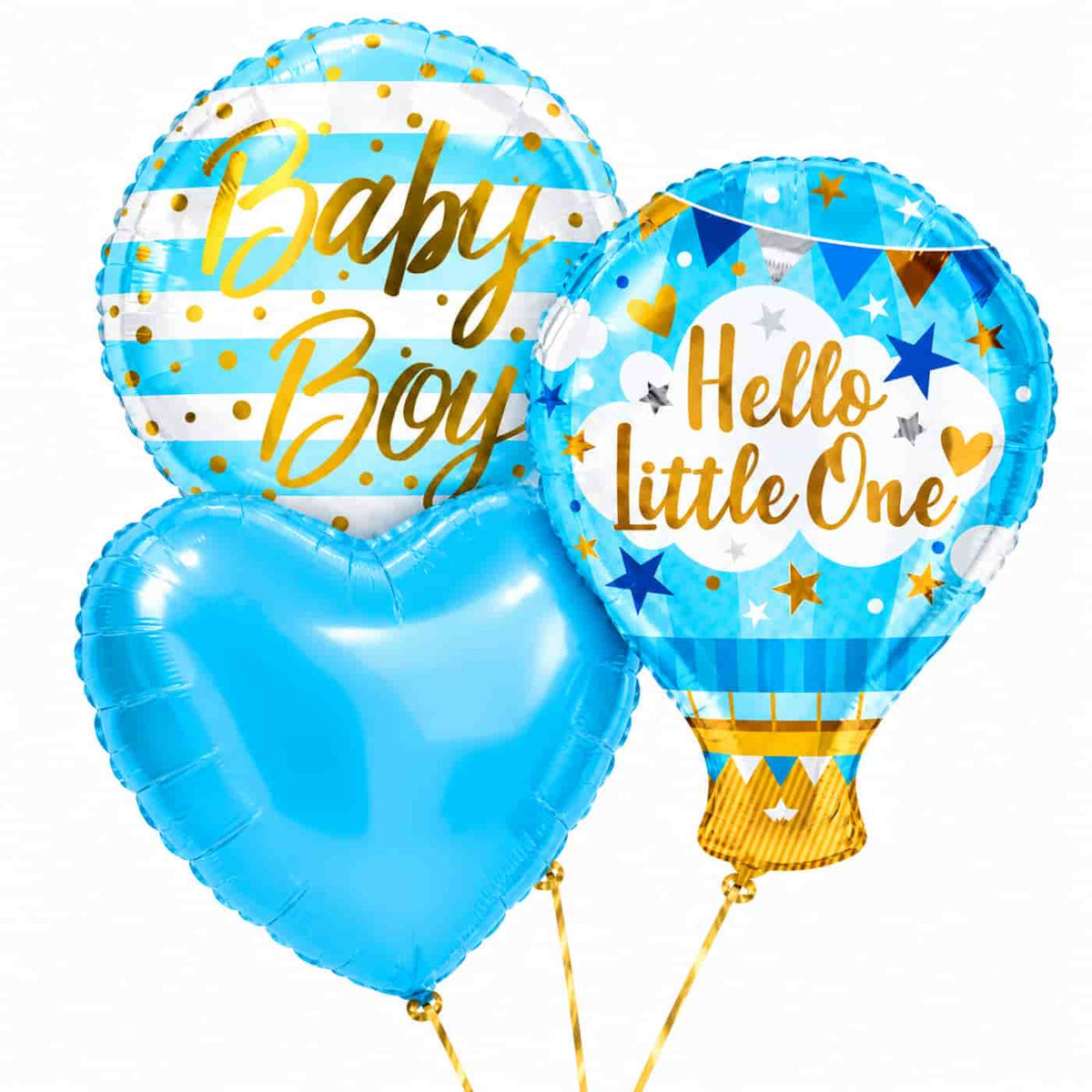 Hello Little Boy Trosje Ballonnen – drie met helium gevulde ballonnen met gouden lintjes