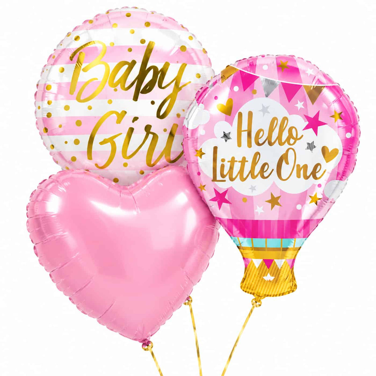 Hello Little Girl trosje helium ballonnen met Baby Girl-ballon, roze hart en Hello Little One-luchtballon
