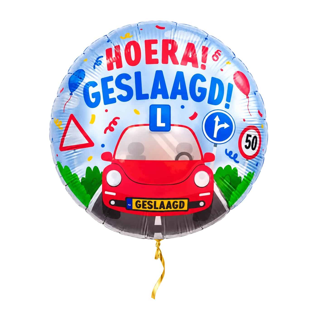Hoera! Auto Rijbewijs Geslaagd – met helium gevuld, met gouden lint