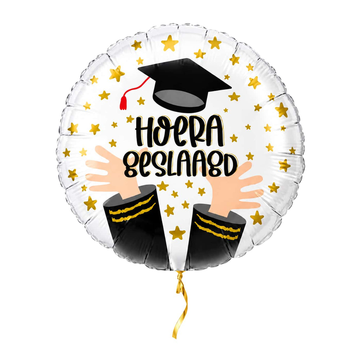 Hoera Geslaagd Ballon – met helium gevuld, met gouden lint