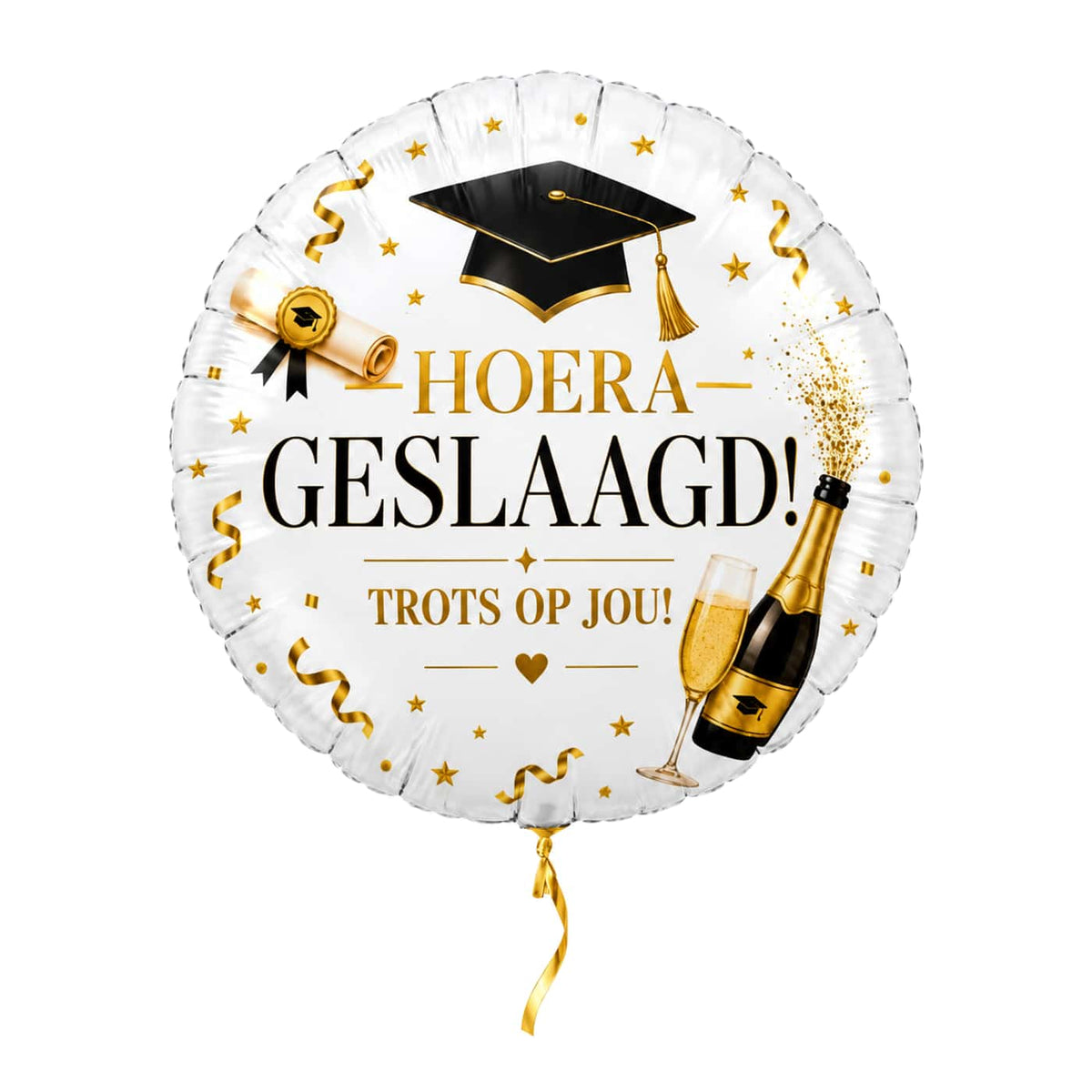 Hoera Geslaagd Champagne Ballon - Gevuld Met Helium - 46 cm – met helium gevuld, met gouden lint