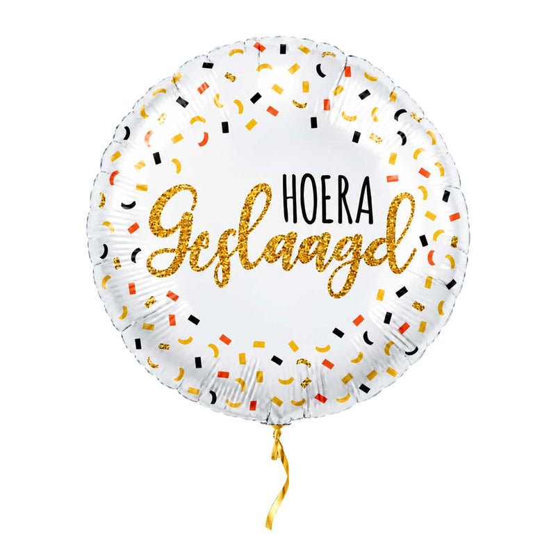 Hoera Geslaagd Helium Ballon – met helium gevuld, met gouden lint