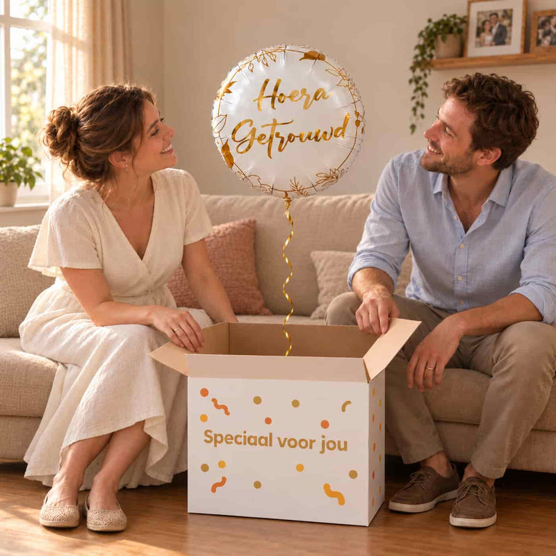 Pasgetrouwd stel pakt samen de witte Hoera Getrouwd-ballon van 46 cm met gouden opdruk uit