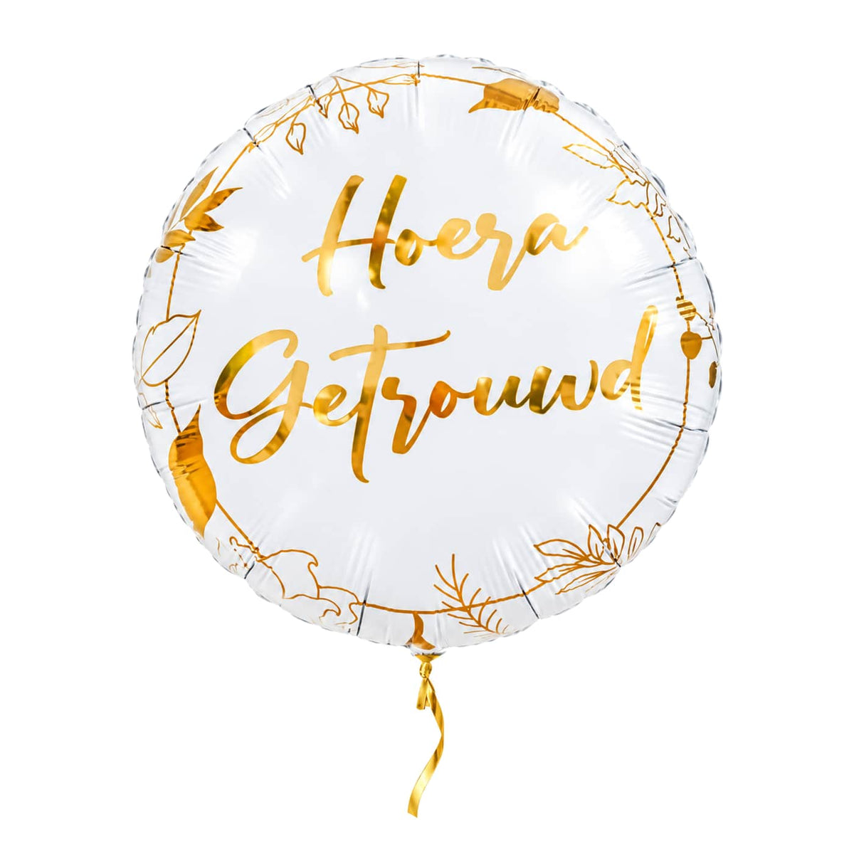 Hoera Getrouwd Helium Ballon – met helium gevuld, met gouden lint