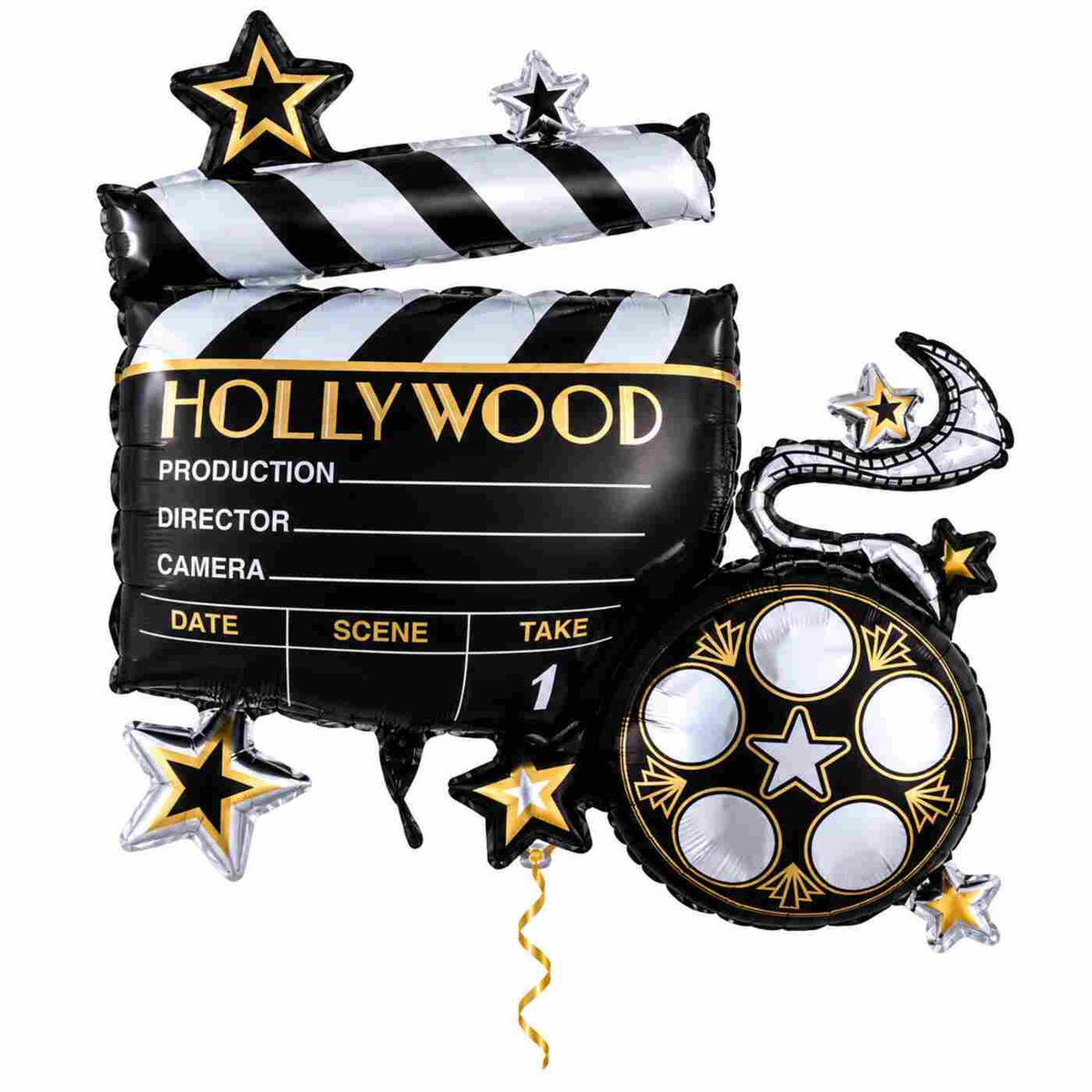 Hollywood Helium XL Ballon met dun metallic gouden lint op witte achtergrond – Ballonnenshop.nl