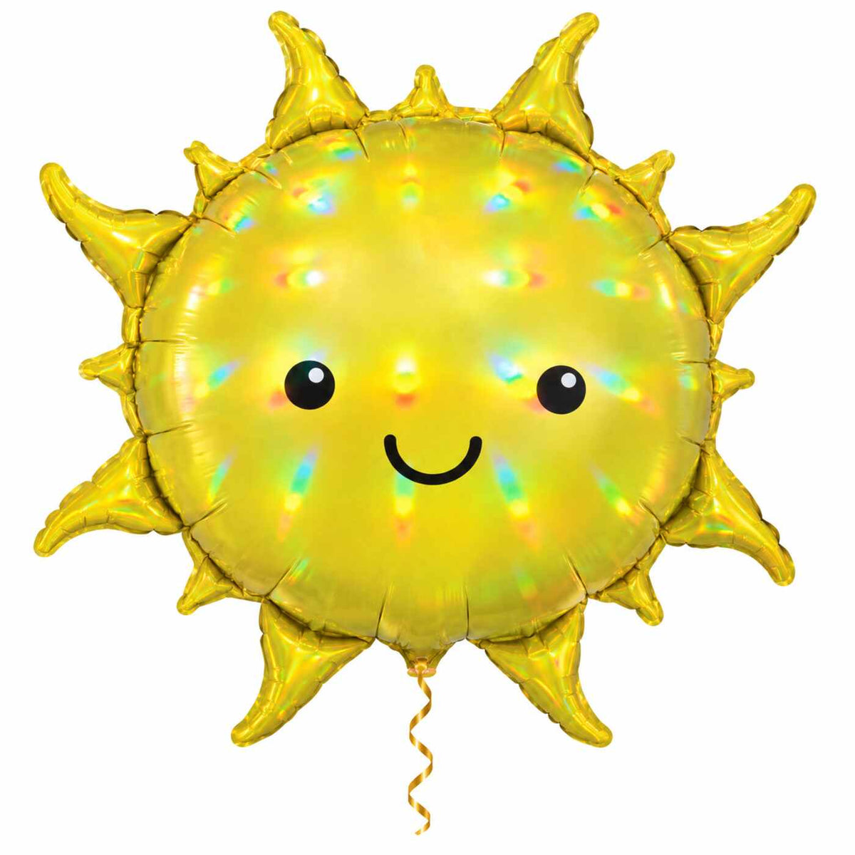 Holografische Zon Helium Ballon met dun metallic gouden lint op witte achtergrond – Ballonnenshop.nl