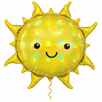 Holografische Zon Helium Ballon met dun metallic gouden lint op witte achtergrond – Ballonnenshop.nl