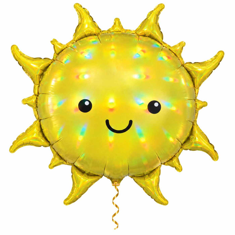Holografische Zon Helium Ballon met dun metallic gouden lint op witte achtergrond – Ballonnenshop.nl