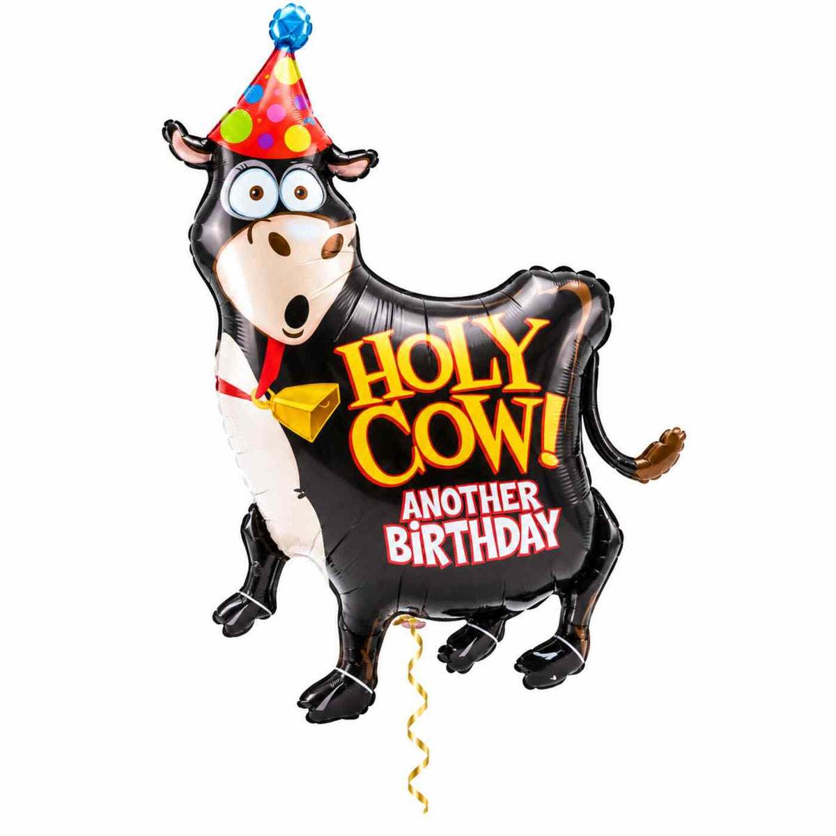 Holy Cow Birthday XL Ballon met dun metallic gouden lint op witte achtergrond – Ballonnenshop.nl