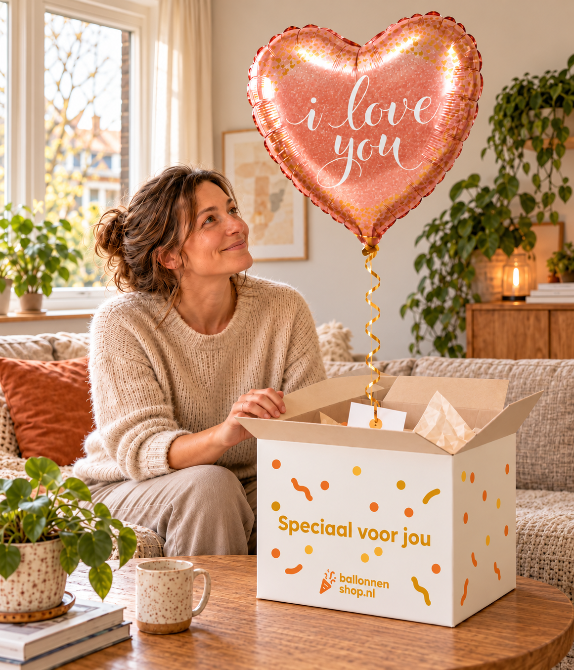 Een vrouw ontvangt de roségouden I Love You-liefdesballon uit de feestelijke doos van Ballonnenshop.nl