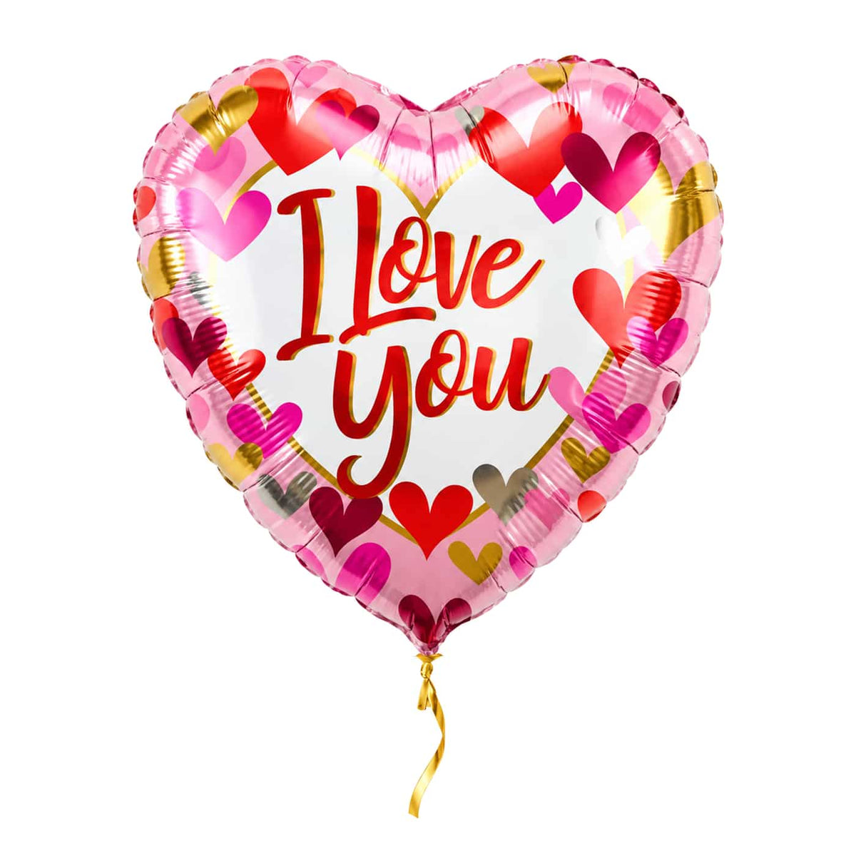 I Love You Hartjes Ballon Roze – met helium gevuld, met gouden lint
