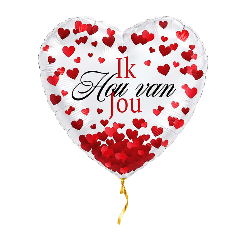 Ik Hou Van Jou Hartjes Ballon – met helium gevuld, met gouden lint