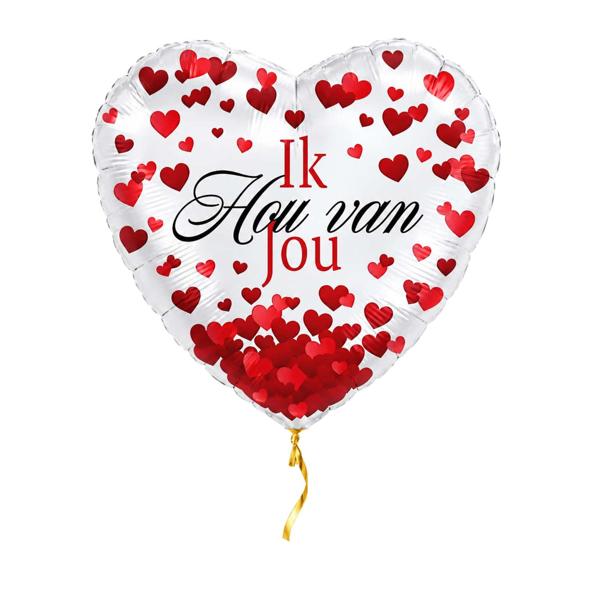 Ik Hou Van Jou Hartjes Ballon – met helium gevuld, met gouden lint