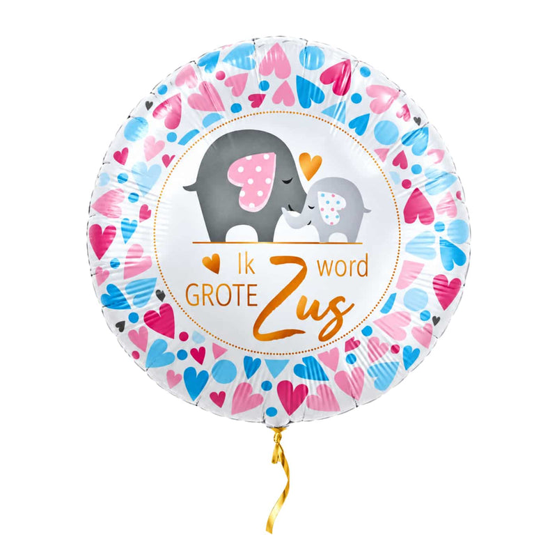 Ik Word Grote Zus Helium Ballon – met helium gevuld, met gouden lint