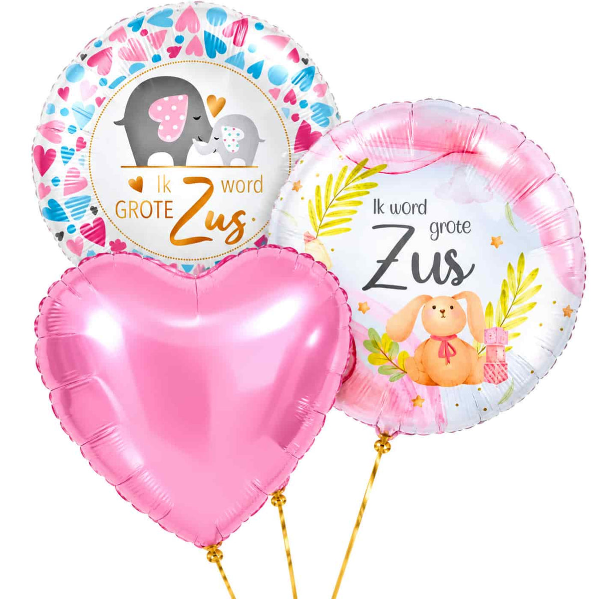 Ik Word Grote Zus Trosje – drie met helium gevulde ballonnen met gouden lintjes