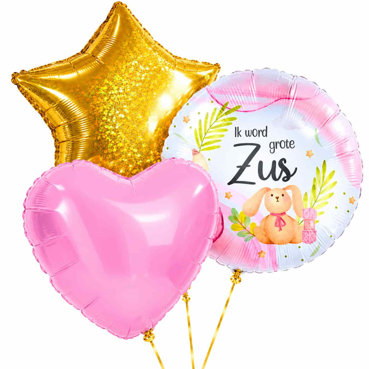 Ik Word Grote Zus Trosje – drie met helium gevulde ballonnen met gouden lintjes