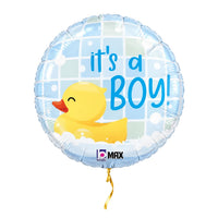 It's A Boy Badeend Helium Ballon – met helium gevuld, met gouden lint