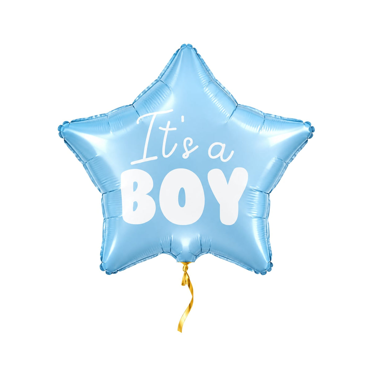 It's A Boy Helium Ballon met kort goudkleurig lint op een witte achtergrond