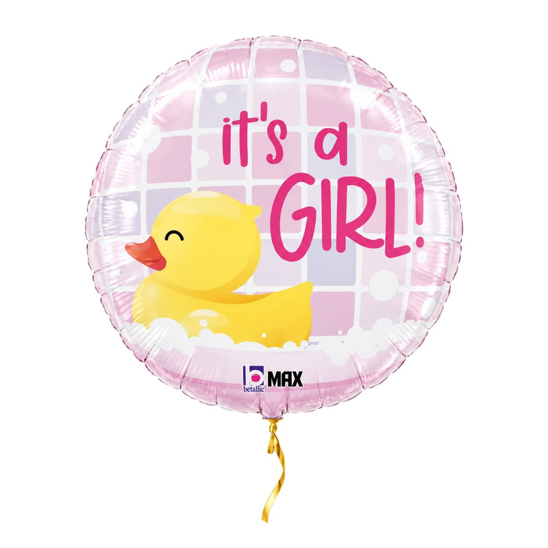 It's A Girl Badeend Helium Ballon – met helium gevuld, met gouden lint