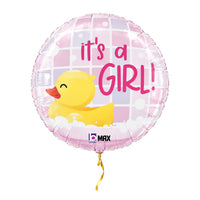 It's A Girl Badeend Helium Ballon – met helium gevuld, met gouden lint
