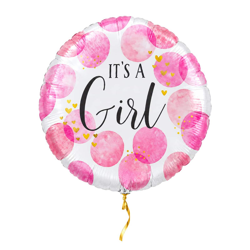 It's A Girl Stippen Helium Ballon – met helium gevuld, met gouden lint