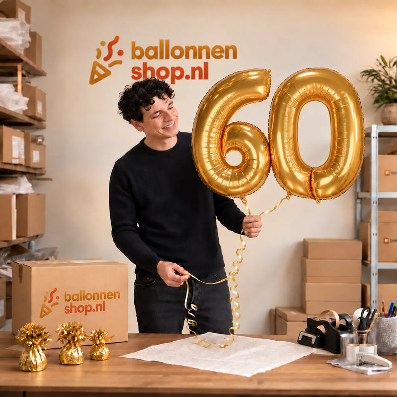 Jesse houdt de 60 Jaar Cijfer Ballonnen Goud vast in de warme inpakruimte van Ballonnenshop.nl.